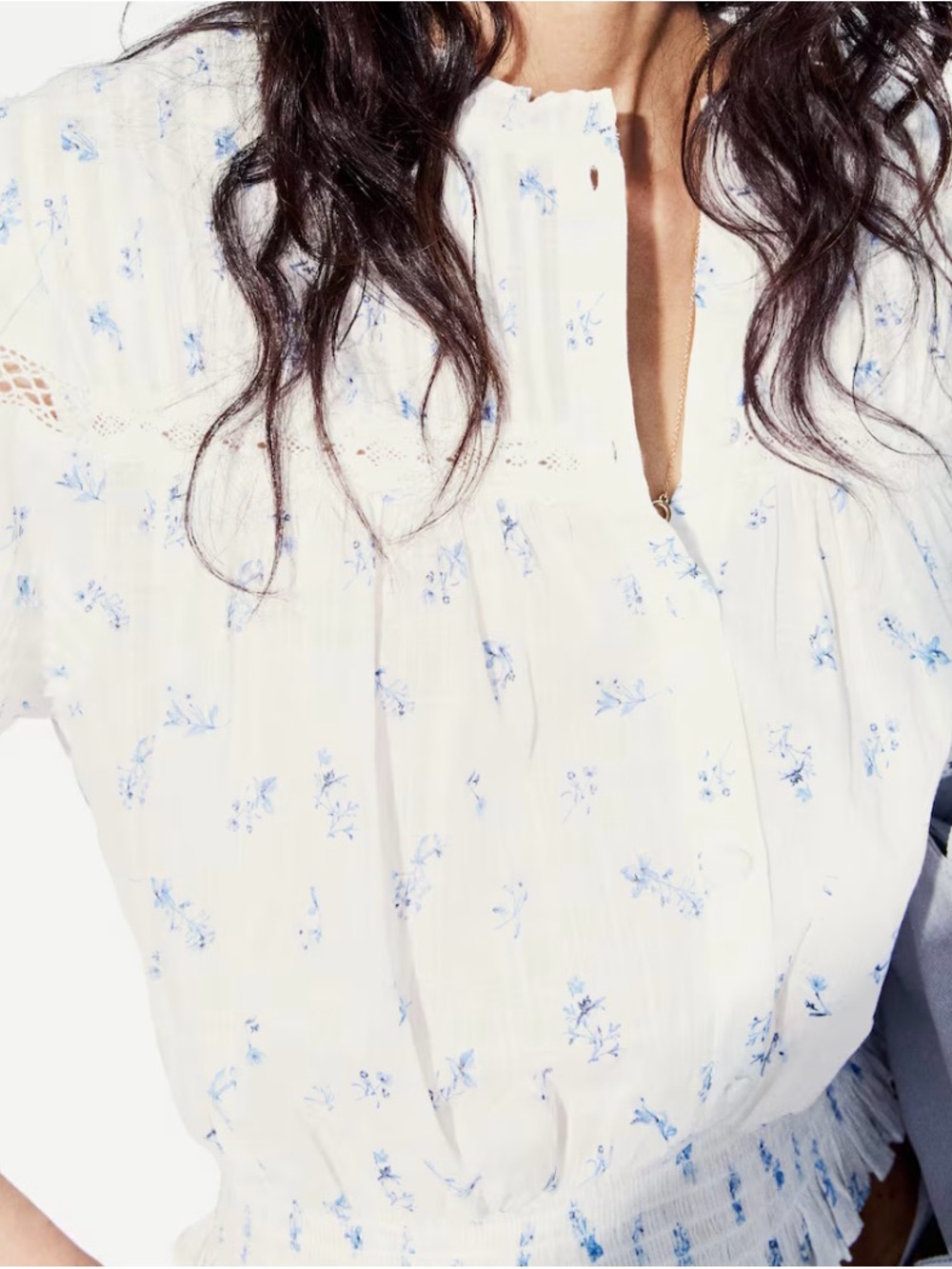 NWT H&M White Pintucked Cotton Blouse Lace Boho Puff Sleeve Size S